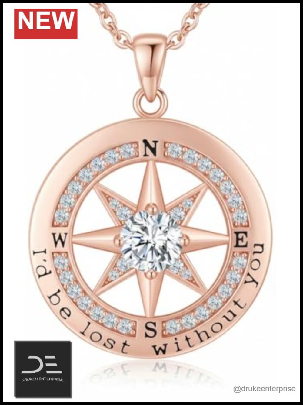 925 Sterling Silver 18k Gold Compass Pendant Necklace Cubic Zirconia Red